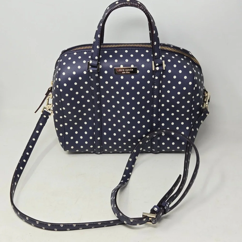 Kate Spade Navy Blue‎ White Polka Dot Saffiano Leather Satchel Crossbody Bag